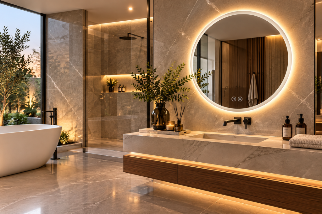 baño spa con espejo led halo
