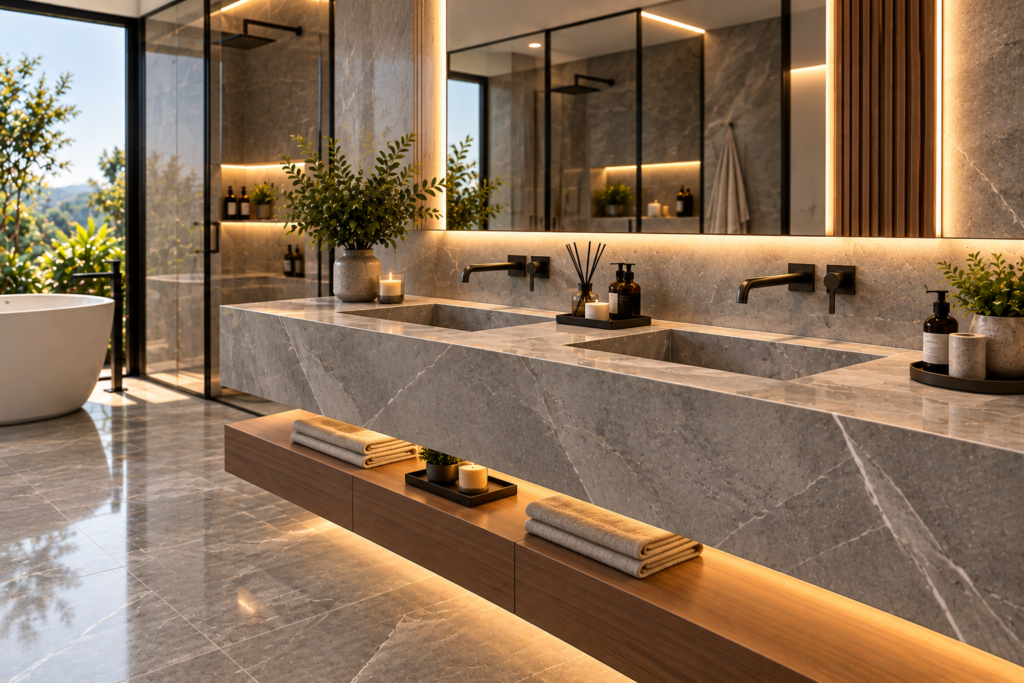 baño de lujo con vanidad de piedra gris