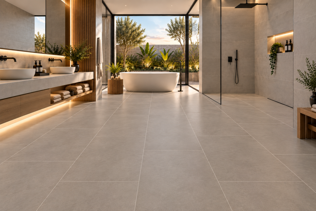 baño moderno con azulejos 60×120 y jardín