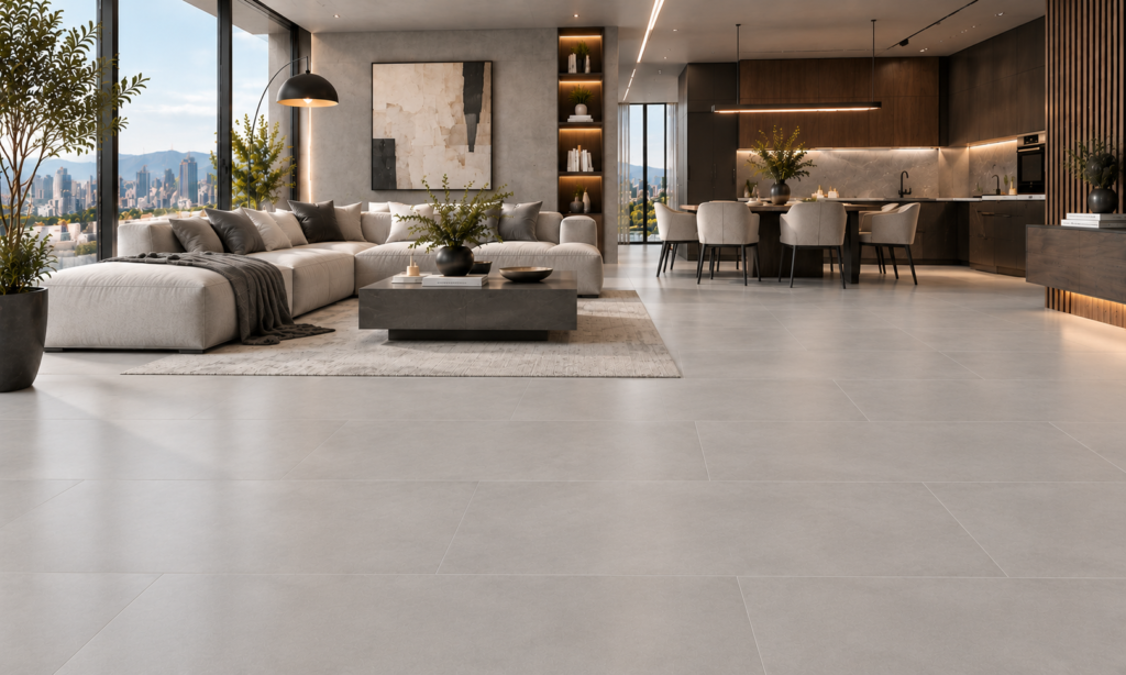 loft moderno con pisos grises y vistas a la ciudad