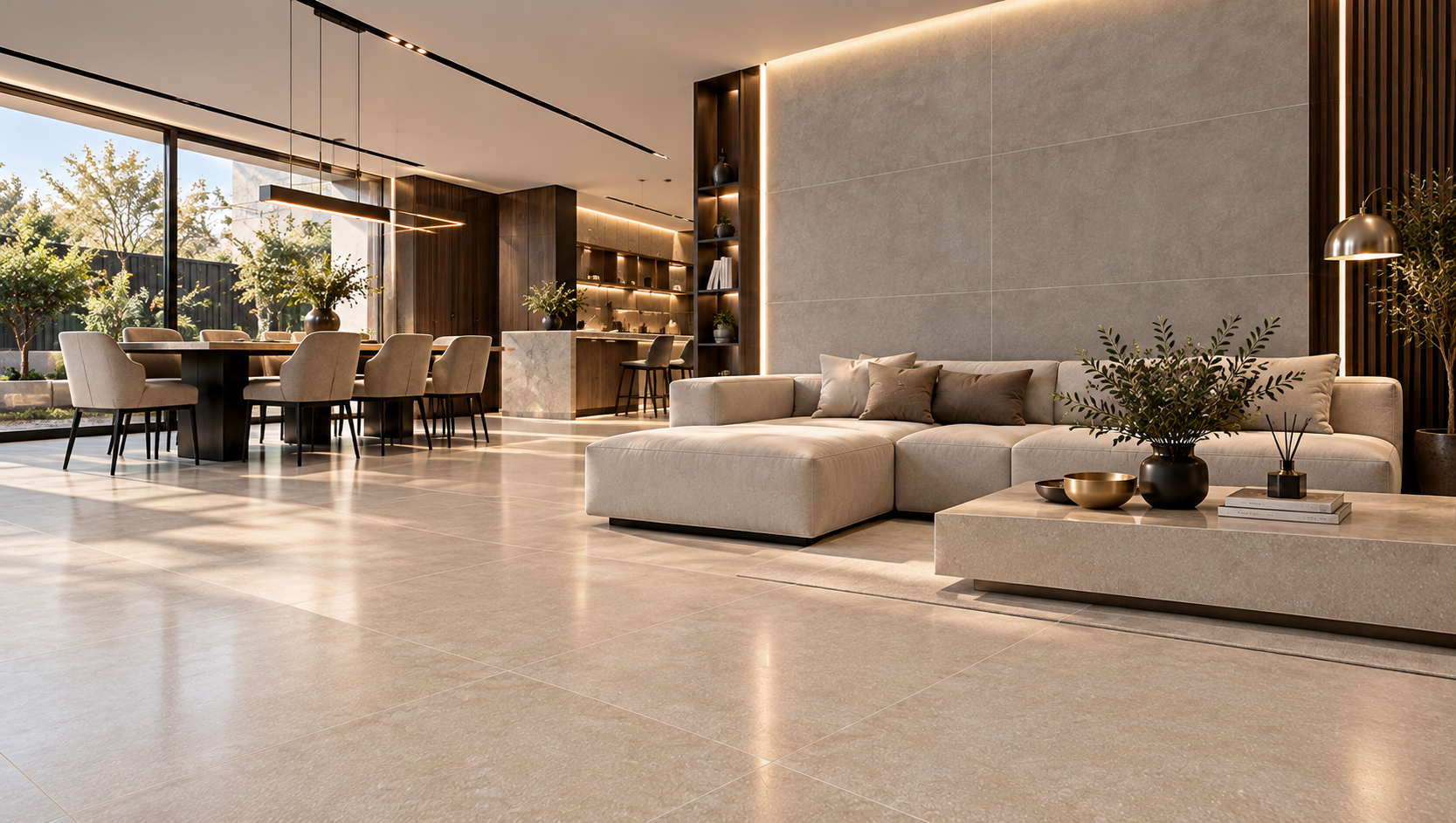 sala moderna con porcelanato beige y gris