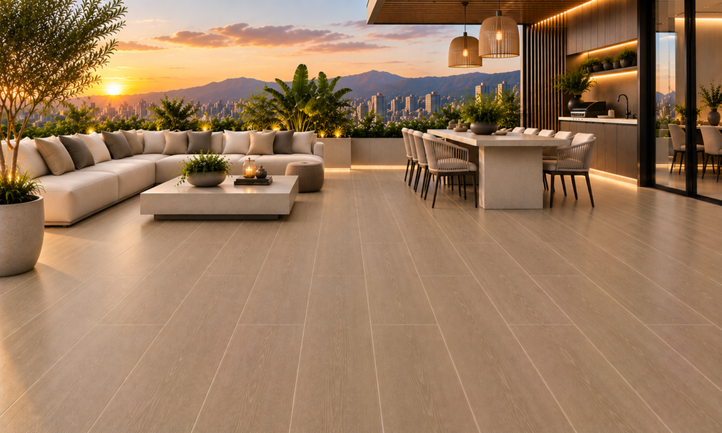 terraza moderna al atardecer